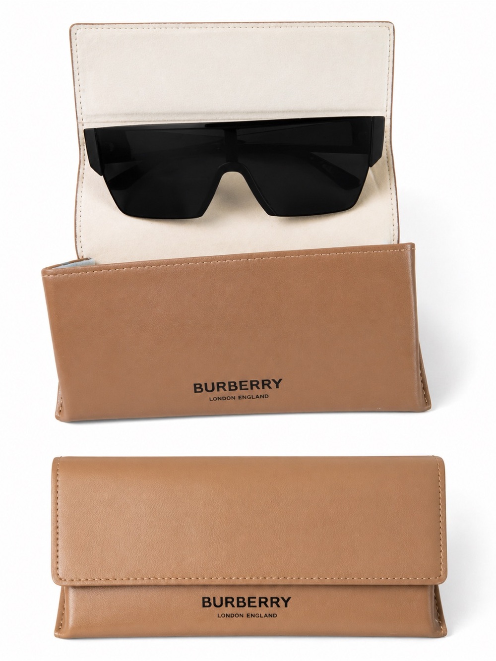Burberry Tan and Cream Leather Eyewear Case and sunglasses with Black Logo